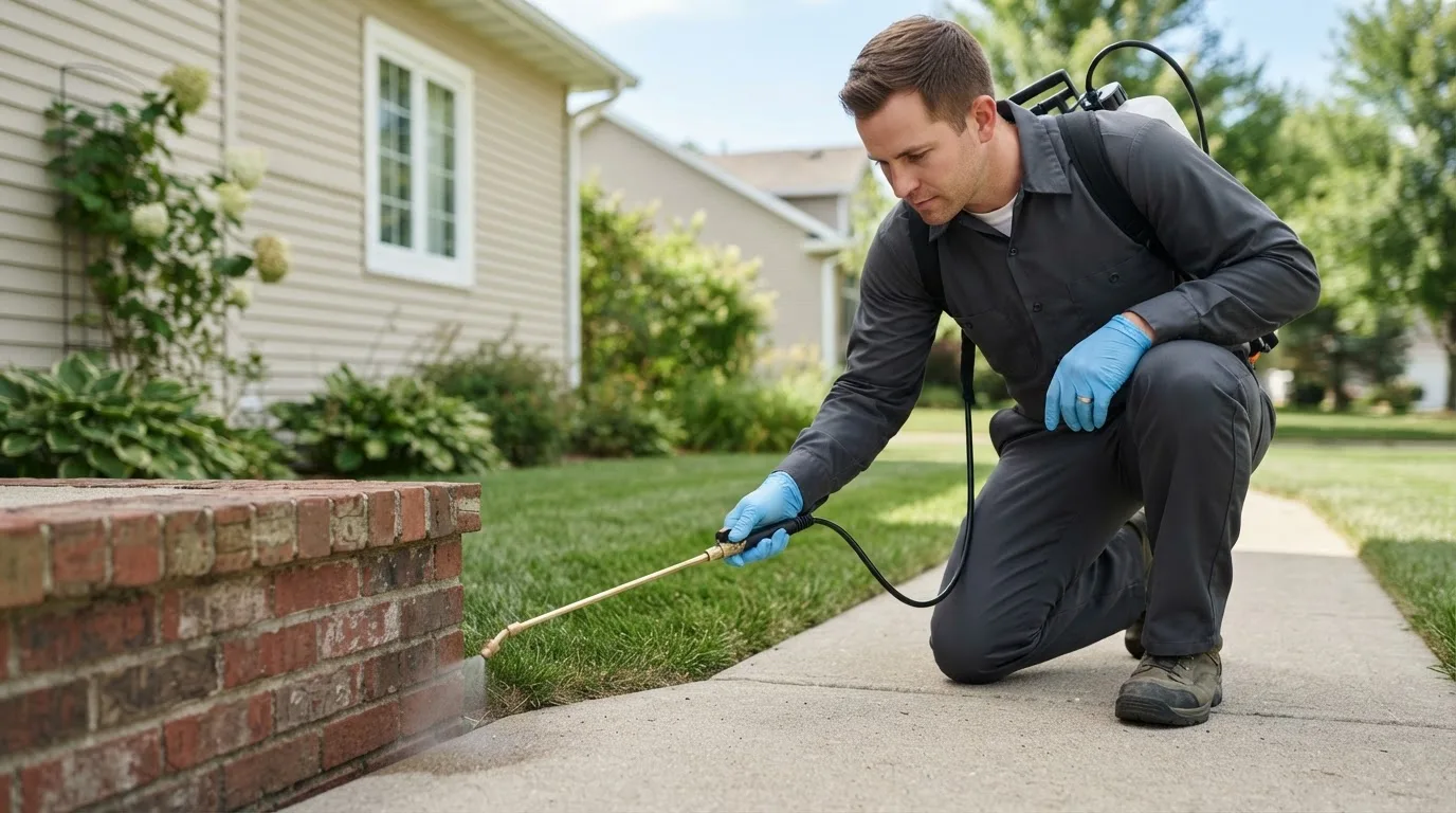Pest control technician treating a home near Carterville, MO