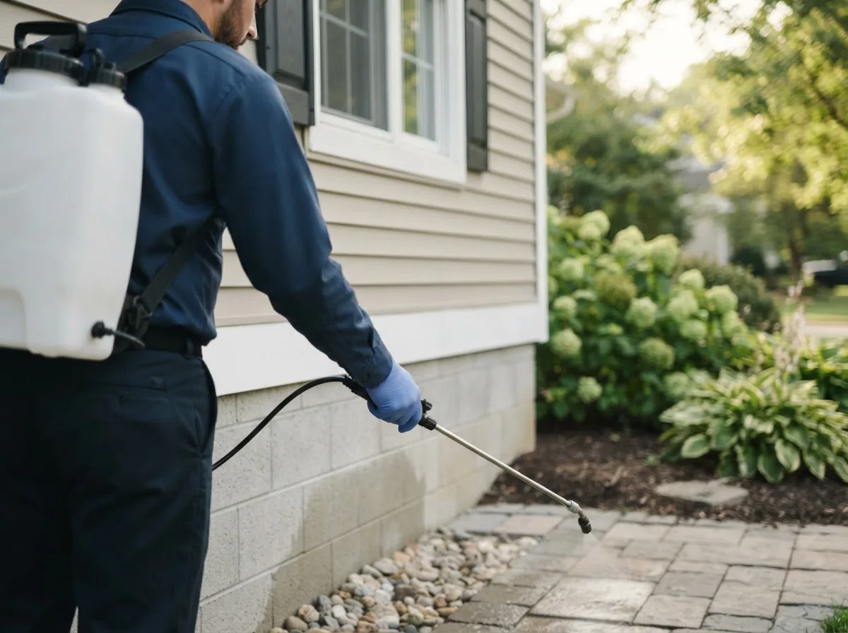 Pest control technician inspecting a home in Carterville, MO